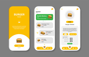 Application to buy burgers. Burger order interface template collection. Responsive GUI for mobile applications