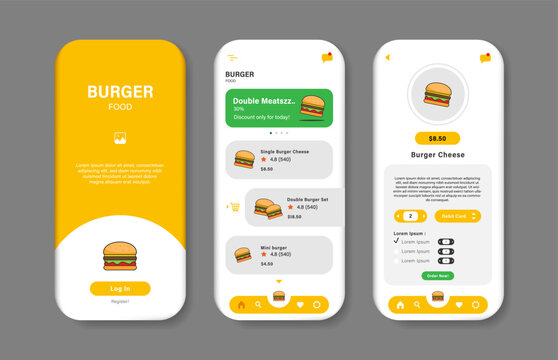 Application to buy burgers. Burger order interface template collection. Responsive GUI for mobile applications