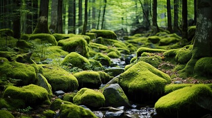 Green moss and rough stones in the dense forest - obrazy, fototapety, plakaty