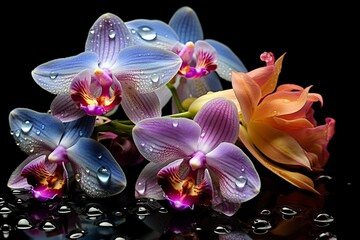 vibrant orchids with a glistening water droplet. Generative AI