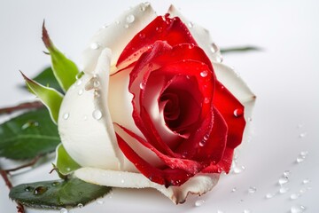 Red and white rose on white background. Generative AI