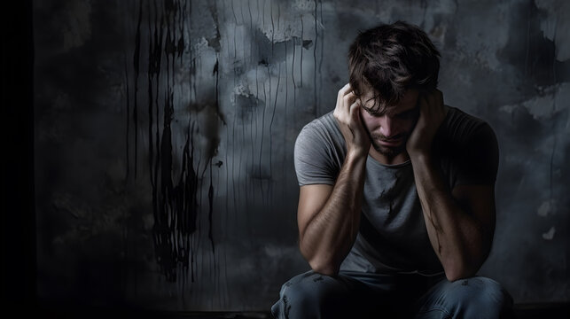 Young man sitting on a floor, hopeless and depressed against a textured, cracked wall.