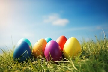 Fototapeta na wymiar Colorful Easter eggs on grass with blue sky. Generative AI