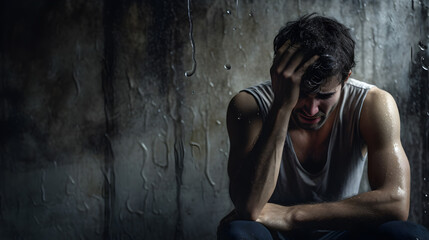 Young man sitting on a floor, hopeless and depressed against a textured, cracked wall.
