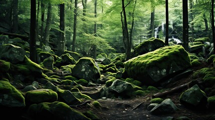 Green moss and rough stones in the dense forest - obrazy, fototapety, plakaty