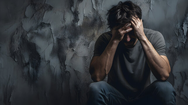 Young man sitting on a floor, hopeless and depressed against a textured, cracked wall.