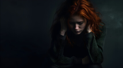 Portrait of a young redhead woman sitting on a floor, hopeless and depressed against a textured, cracked wall.