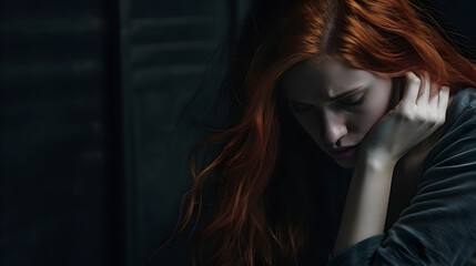 Portrait of a young redhead woman sitting on a floor, hopeless and depressed against a textured, cracked wall. - obrazy, fototapety, plakaty