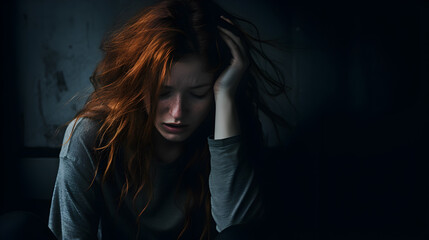 Portrait of a young redhead woman sitting on a floor, hopeless and depressed against a textured, cracked wall. - obrazy, fototapety, plakaty
