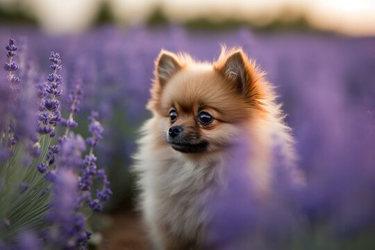 Curious Pomeranian puppy contemplates amid breathtaking purple lavender fields. Generative AI