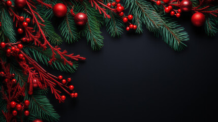 Christmas background adorned with lush fir branches, vibrant red berries, and glistening red Christmas ornaments. The dark background creates a festive contrast