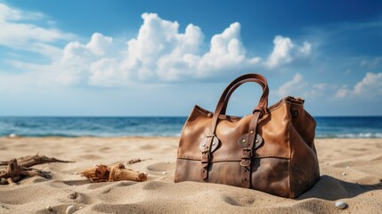 A bag rests on the sand, under a captivating sky