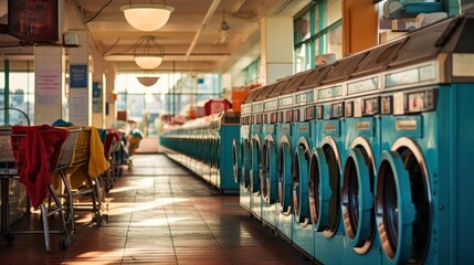 A bustling laundromat with machines working overtime - obrazy, fototapety, plakaty