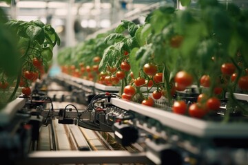 Intelligent Robots Tending To Tomato Crops In Greenhouses - obrazy, fototapety, plakaty