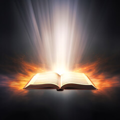 An open magic book with bright sparkling light rays.