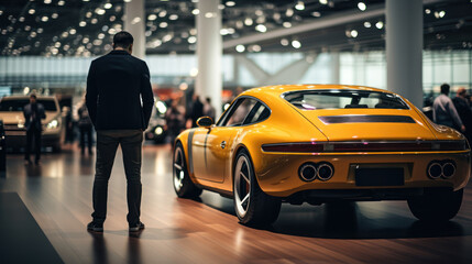 People gaze in awe at the cool cars in the showroom