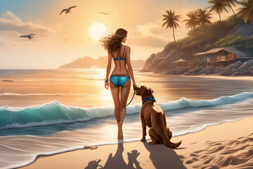 young girl on the beach with her dog - obrazy, fototapety, plakaty