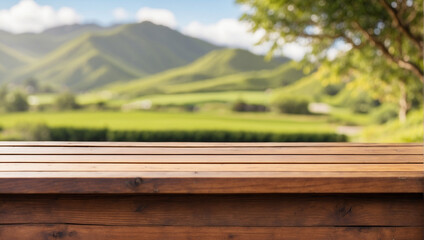 Fototapeta premium empty wooden desk with blurred background of tea gardens