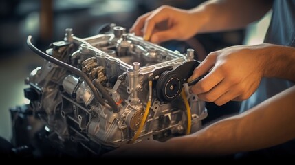 Skilled mechanics at work, tuning up engines for peak performance - obrazy, fototapety, plakaty