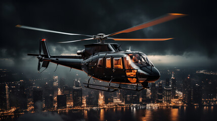 A helicopter soars above the city, illuminating the darkness
