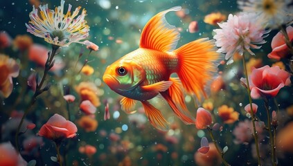 A captivating golden fish glides gracefully through an underwater realm filled with vibrant coral and bubbles. Ideal for aquatic-themed designs and oceanic exploration content.