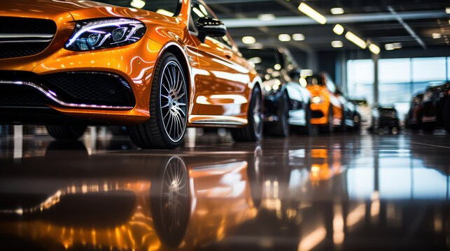 Brand new cars glistening in the showroom spotlight