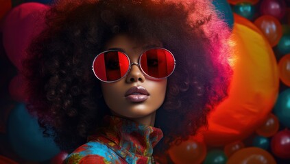 A vibrant portrait of an AI-generated woman with voluminous curly hair, donning colorful mirrored sunglasses, against a psychedelic backdrop. Perfect for fashion brands, music albums, or 70s-themed ad