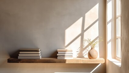 A serene setting of a sunlit interior with a white table adorned with books, vases, and delicate flowers. Ideal for home decor, lifestyle blogs, or interior design concepts. - Powered by Adobe