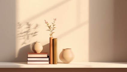 A serene setting of a sunlit interior with a white table adorned with books, vases, and delicate flowers. Ideal for home decor, lifestyle blogs, or interior design concepts.