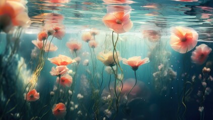 Fototapeta na wymiar Ethereal underwater scene featuring delicate blossoms drifting amidst the serene blue depths. Ideal for themes of tranquility, nature, or meditation.