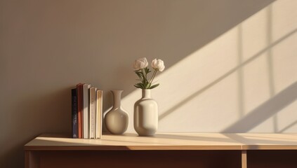 Elegant wooden shelf adorned with a vase holding white flowers, books, and decor items, illuminated by soft afternoon sunlight. Ideal for interior design concepts.
