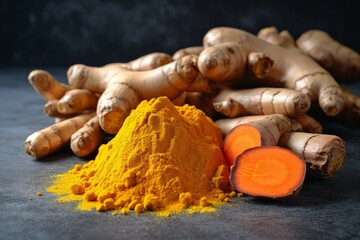 Aromatic turmeric powder and raw roots cutted. Indian herbal flavor medicine spicy. Generate Ai - obrazy, fototapety, plakaty