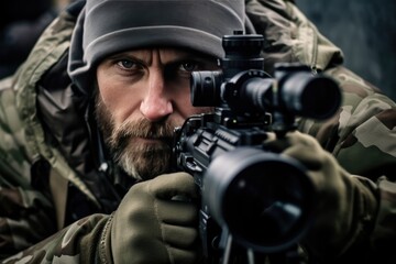 Photographer Macka Holds Rifle While Focusing Through Lens - obrazy, fototapety, plakaty