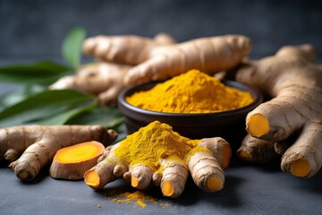 Aromatic turmeric powder and raw roots detox. Spicy dust healthy herbal. Generate Ai - obrazy, fototapety, plakaty