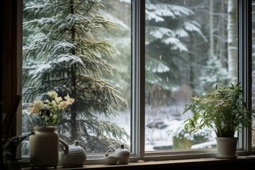 Snowy Winter Forest Seen Through Cottage Window