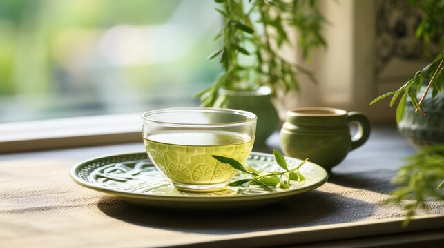 Enjoying a cup of traditional green tea