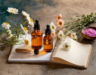 flowers for natural essences with notebook and essential oil bottles. Floral healthcare concept for flower on paper