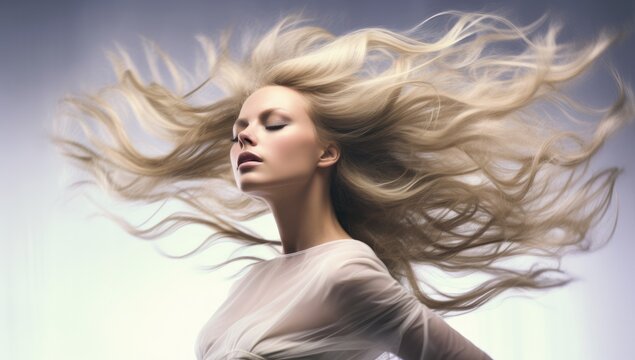 Ethereal portrait of a woman with voluminous white-blonde hair billowing around her, creating an otherworldly aura. Ideal for beauty ads, hair product promos, and artistic projects.