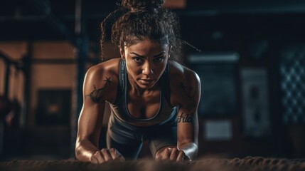 Fototapeta na wymiar Focused African American woman performing push-ups in a dimly lit gym, showcasing strength and determination.