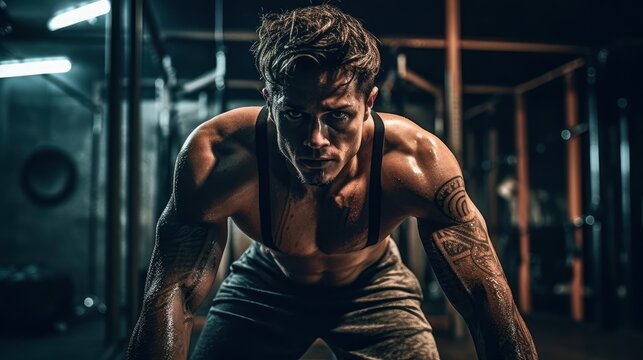 Muscular tattooed man leaning forward with intense focus during a gym workout session. Ideal for fitness brands or motivational athletic content.
