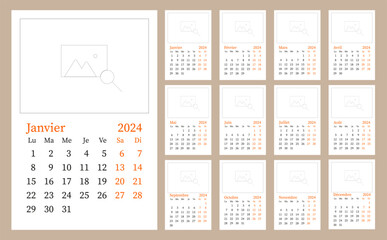 Calendar in French for 2024 by month. Wall calendar.