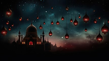 Moon stars and lamps hanging against multiple mosque