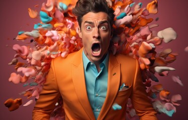 Dynamic image of a surprised man in a vibrant suit against a fiery explosion backdrop. Ideal for promotions, events, or illustrating unexpected moments.