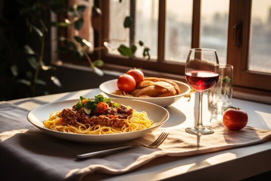 Spaghetti bolognese on the table in the kitchen near the window