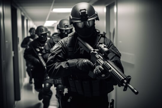 Swat Team Clearing School Corridor During Crisis Situation