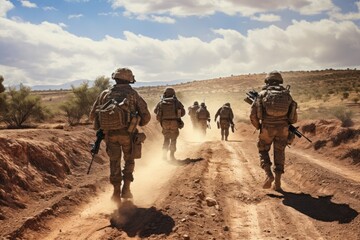 Troop Of Soldiers Walking In Desert Landscape