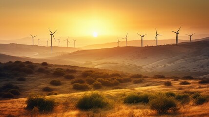 Majestic view of wind turbines standing tall in a vast landscape at sunset. Perfect for promoting sustainable energy, environmental conservation, and future technology.