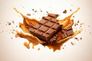 Chocolate bar with yummy caramel splash block dessert. Kernel liquid sweet cake. Generate Ai