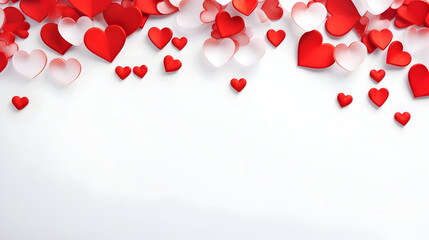 Red hearts on a white background for Valentine's day, A white background advertising banner with plenty of space to write, Valentine's day background with empty white space 