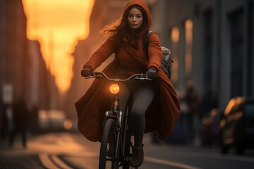 A captivating scene of a woman cycling through a city street during sunset, her coat billowing behind. Ideal for urban lifestyle, sustainability, and travel promotions.